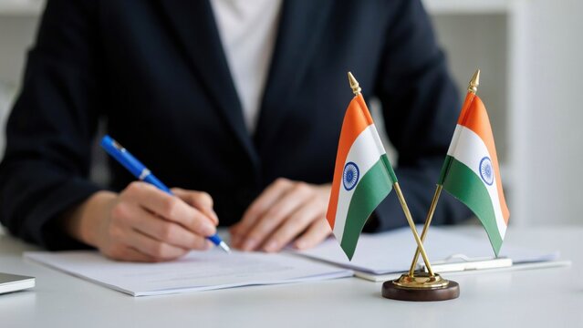 Indian Business Partnership Concept &ndash;Professional Signing Contract Document with National Flags on Office Desk