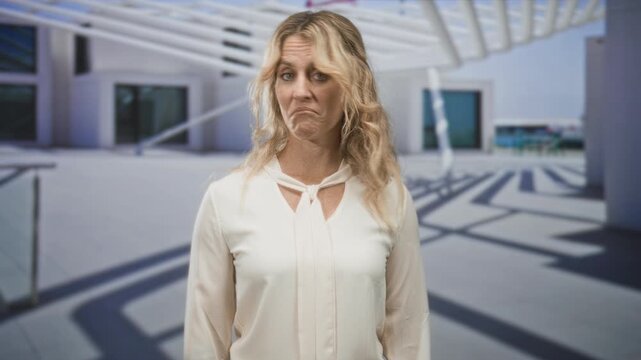 Woman with visible face and raised hand in cream blouse, pursed lips, tilted head and dismissive gesture in front of modern building entrance; quiet resignation.