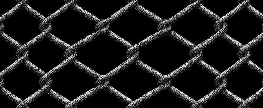 Edgy punk graphic with vintage halftone grain effect. Dark gray chain link fence Y2K cybercore 2000s vibe. Contemporary stipple pattern. Ideal for poster art, hoodie, tee design.