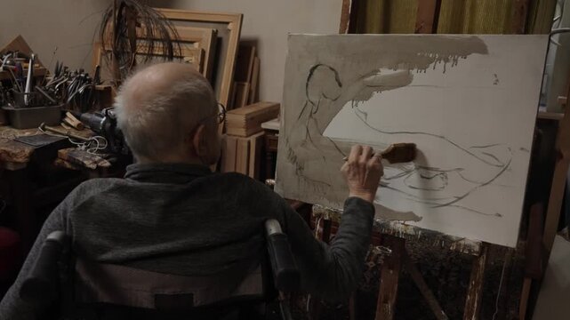 Senior artist on a wheelchair paints an oil painting on canvas in a studio