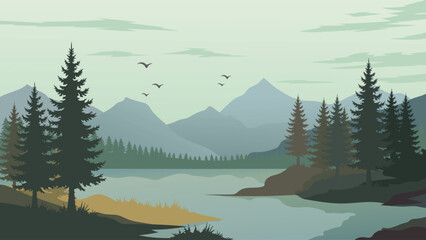 Scenic Green Mountain Valley Vector Landscape Banner With Pine Forest Lake And Flying Birds © Zafaaa
