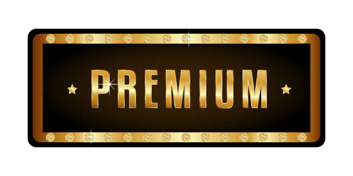 Luxury premium gold label with metallic text, decorative border, sparkling diamond accents and elegant black background. Glossy VIP badge for branding, packaging, certificates and exclusive products.