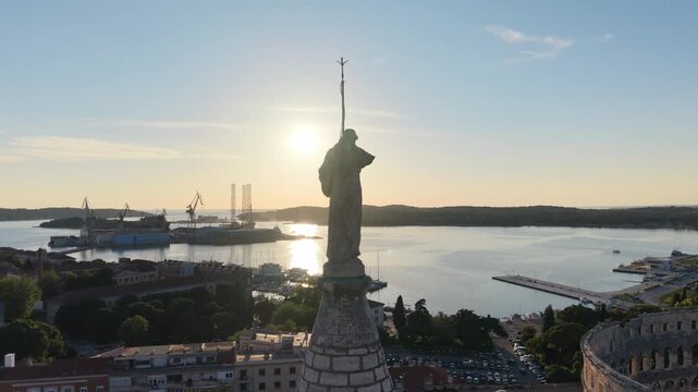 Pula, Croatia - May 16 2026: Aerial View Church of St Anthony and Pula Arena