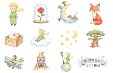 Obraz premium Cute watercolor little prince clipart. Whimsical classic adventure clipart for nursery decor and children's creative projects. Collection of Vector illustrations for invitation, card, poster, banner