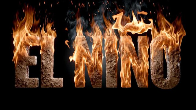 El nino text burning with hot flames, symbolizing drought, climate change, and global warming effects on the environment with cracked dry soil and intense heat