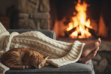 Obraz premium Cozy winter relaxation on sofa with sleeping cat by a warm fireplace.