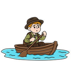 Little boy rowing wooden boat on blue water ripple cartoon vector