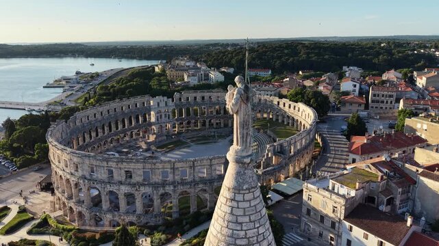 Pula, Croatia - May 16 2026: Aerial View Church of St Anthony and Pula Arena