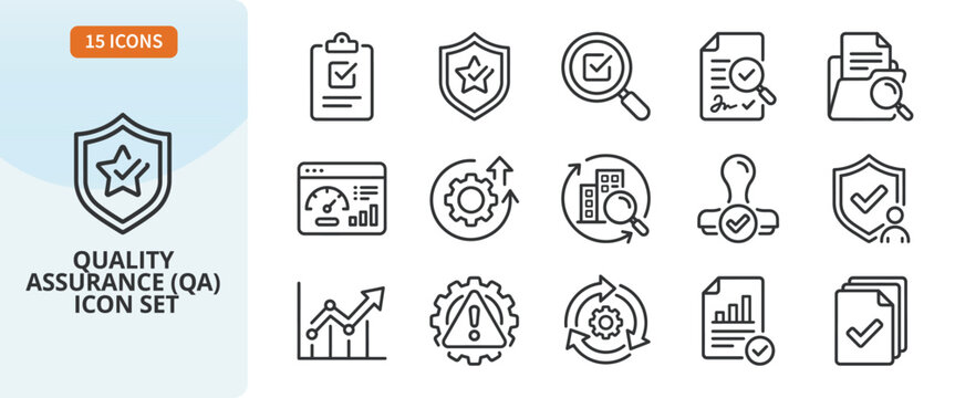 Quality assurance qa icon set, linear icons for software testing, inspection, and process control, vector illustration