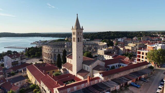 Pula, Croatia - May 16 2026: Aerial View Church of St Anthony and Pula Arena