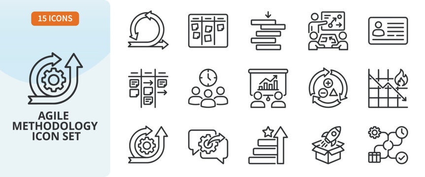 Agile methodology icon set, project management, software development, scrum, kanban, iterative process, teamwork, business efficiency, vector line icons