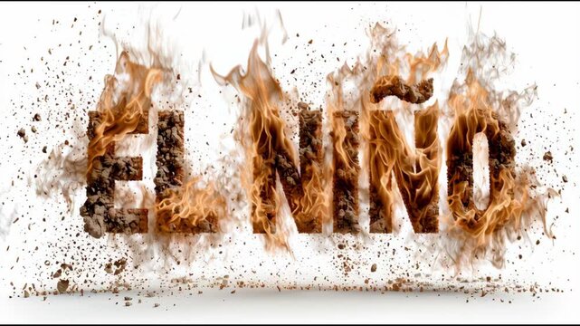 El nino text burning and disintegrating in fire and smoke, a visual concept of global warming, climate change, heatwave, and extreme weather events isolated on a white background