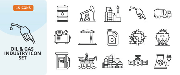 Fototapeta premium Oil and gas industry icon set, vector illustration of energy sector equipment, fuel distribution, refinery, and petroleum processing