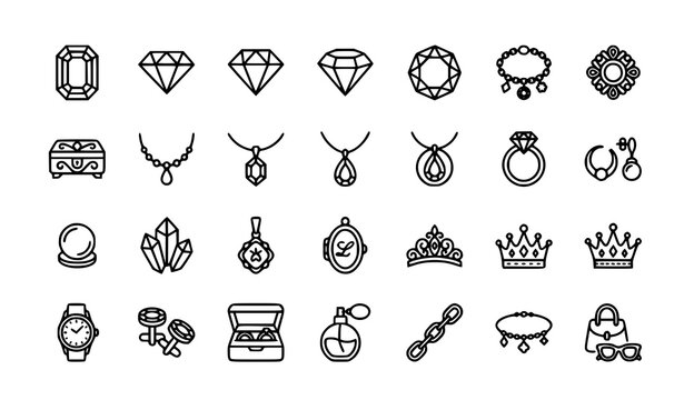 Luxury Fashion Line Icon Set with Gemstone Bracelet Brooch Emerald and Jewelry Accessories Vector