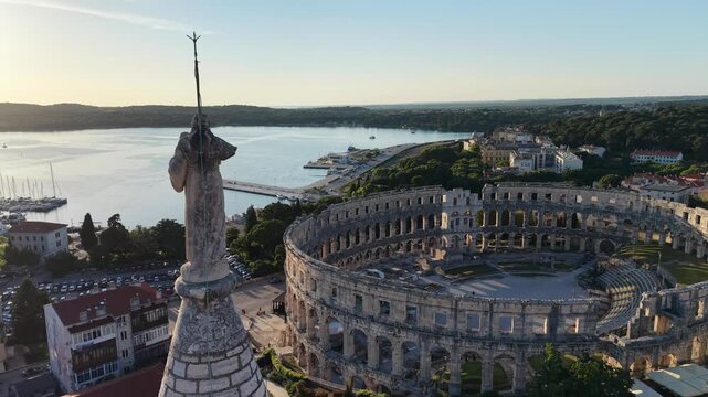 Pula, Croatia - May 16 2026: Aerial View Church of St Anthony and Pula Arena