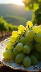 Obraz premium Fresh green grapes sit on decorated white plate. Juicy berries glisten in golden evening sunlight. Background shows blurred vineyard hills during summer sunset. Ripe fruit texture looks natural,