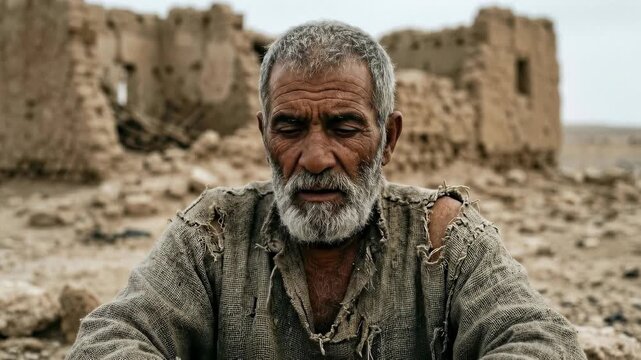 A somber elderly man with a long gray beard and tattered tunic sits in deep meditation amidst ancient Middle Eastern mud-brick ruins under an overcast sky evoking a biblical prophet figure
