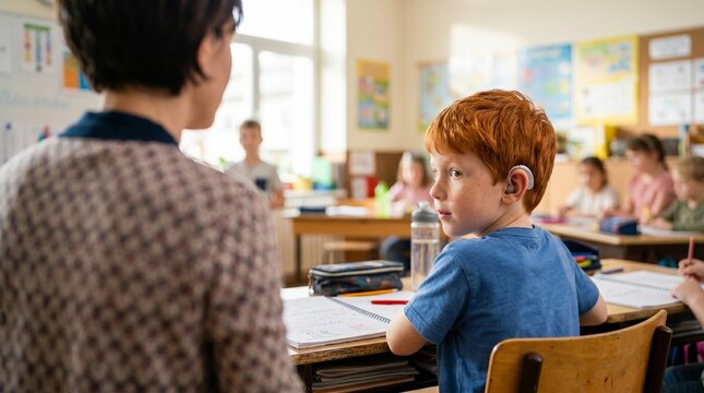 Ginger boy wearing hearing aid sitting at desk in classroom with teacher. Inclusive school education for child with hearing loss.
