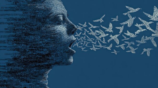 Speaking face releasing flying birds silhouette