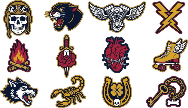 Vintage Biker and Old School Tattoo Style Badge Icon Set with Skull, Panther, Wolf, Dagger, Horseshoe, and Heart Vector Illustration