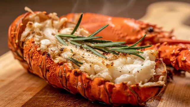 freshly cooked delicious lobster tail seasoned with aromatic green rosemary herbs served on a rustic wooden cutting board prepared for gourmet luxury dining seafood restaurant food photography menu