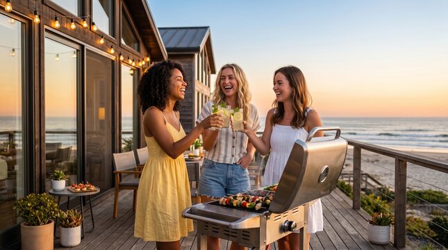 Three happy female friends toasting with lemonades at a barbecue on a wooden deck by the ocean at sunset. Casual social gathering outdoors for summer leisure