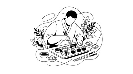 Obraz premium Chef preparing delicious sushi rolls with fresh ingredients.