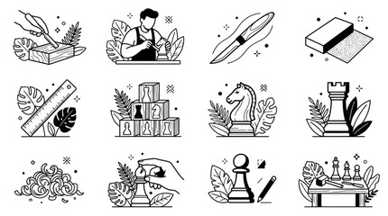 Chess game pieces and related items in a set of doodle illustrations. © Ibuk
