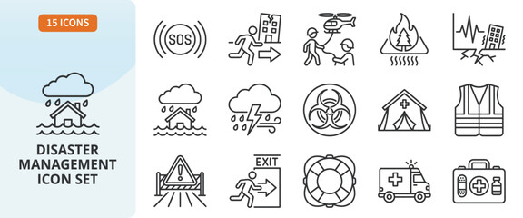 Fototapeta premium Disaster management icon set, emergency and natural disaster symbols, vector illustration