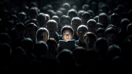Obraz premium Reader illuminated among crowd of people