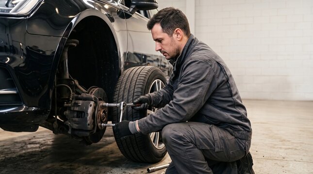 Mechanic repairing car brake in workshop. Man fixing vehicle disc system with wrench. Professional automotive technician performing regular maintenance service, inspection and repair work.