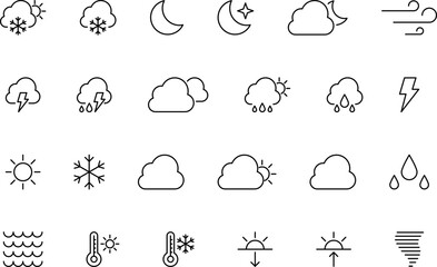 Obraz premium Weather icons in line style. Clouds, sun, rain, moon, snow, wind collection. Vector illustration.