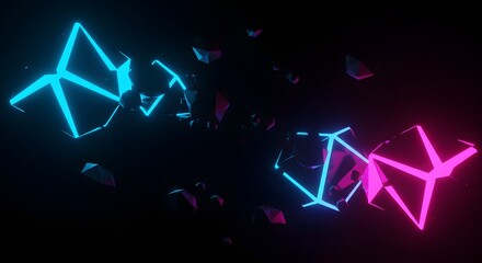 Fototapeta premium Abstract geometric shapes floating in darkness with neon glow. Digital art with futuristic y2k aesthetic for wallpaper, poster, presentation and modern graphic design background.