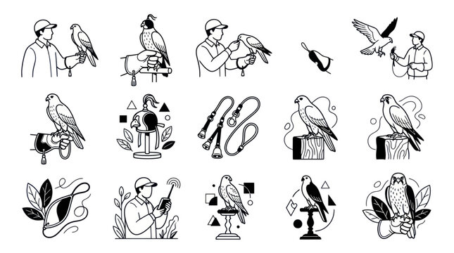 Collection of Falconry Illustrations Featuring Birds of Prey and Handlers.