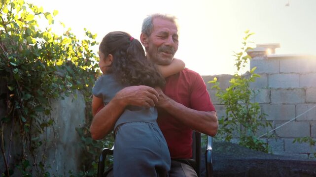 An elderly grandfather opens his arms to welcome his young granddaughter in a sunny garden, capturing family affection, joyful childhood, intergenerational bond, warm greeting and peaceful outdoor lif