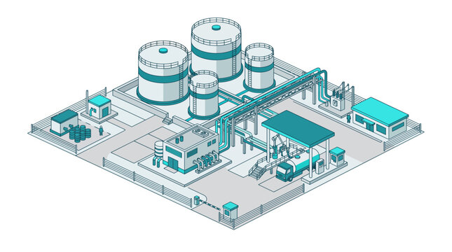 Isometric oil storage terminal and fuel depot factory vector illustration