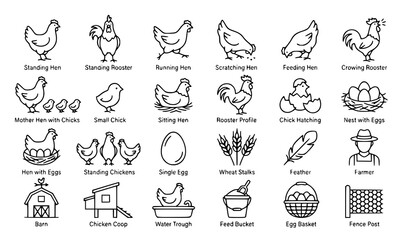 Minimalist Chicken Line Art Vector Set with Thin Outline Farm Poultry Icons © MSTARIFA