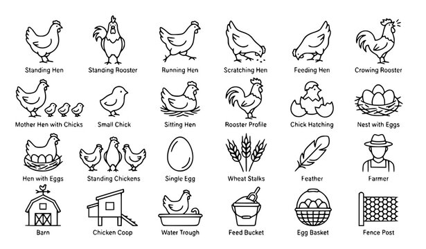 Minimalist Chicken Line Art Vector Set with Thin Outline Farm Poultry Icons