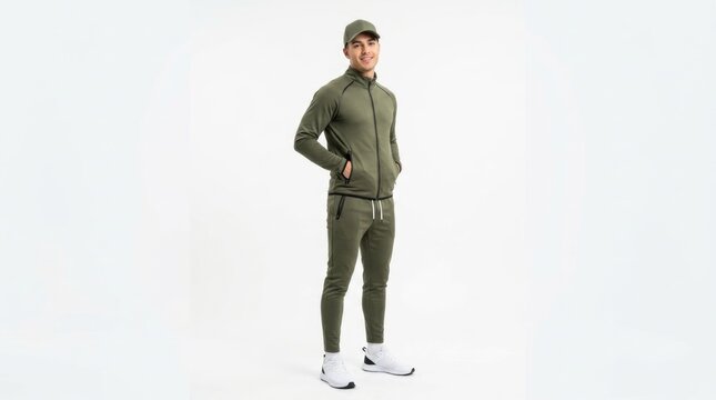 Young Man Wearing Olive Green Sports Tracksuit and Cap in Stylish Full Length Studio Portrait