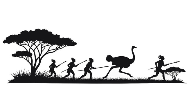 Black silhouette of ancient tribal hunters with spears chasing an ostrich through an African savanna landscape featuring acacia trees and grass, isolated on a white background.