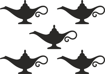 Obraz premium プロジェクト用に清潔な白い背景に配置された、5つの魔法のジニーランプの黒いシルエットのパターン