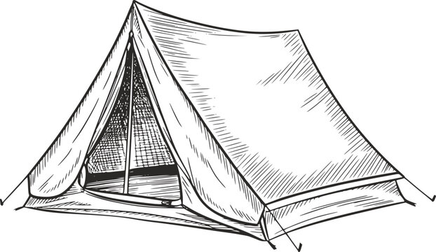 アウトドアアドベンチャー用に白い背景に孤立した、クラシックなAフレームのキャンプ用テントの手書き画