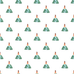 Obraz premium Seamless pattern featuring cute mermaids sitting on green rocks with starfish