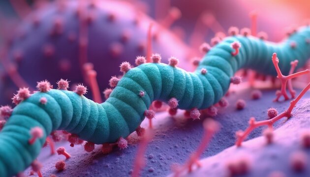 Blue spiral bacteria with pink appendages on purple surface. Colorful microscopic organism view shows biological cell structure. Science lab study of pathogen germs under magnifier. Detail infection