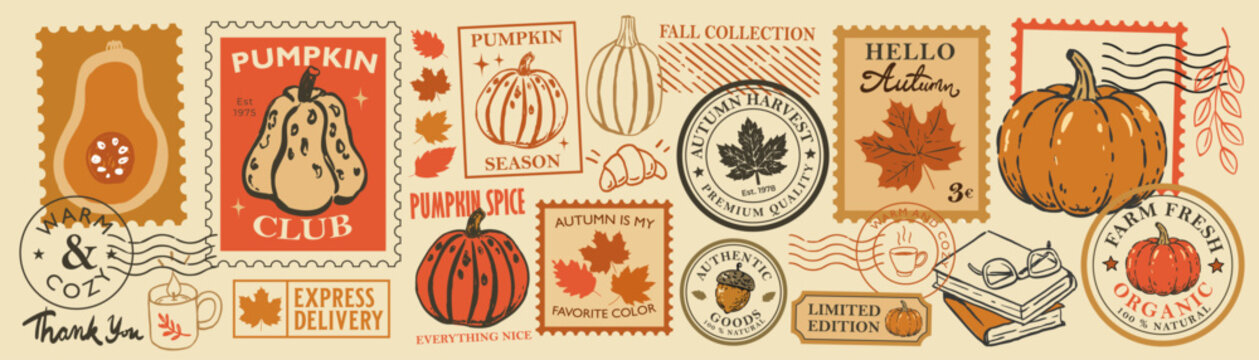 Autumn postage stamp collection with pumpkins, maple leaves, books, coffee, cozy fall labels and postal marks. Retro harvest vector set for stickers, branding, packaging and seasonal designs.
