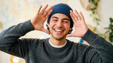 Naklejka premium Happy Young Man Framing His Smiling Face with Hands Expressing Joy and Positive Emotions
