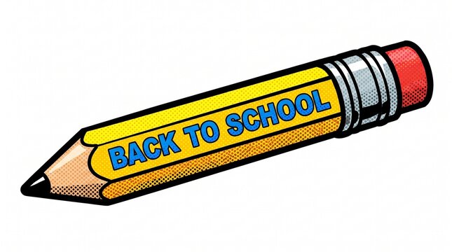 A vibrant yellow wooden pencil illustration featuring the bold text Back To School written in blue capital letters, symbolizing academic preparation, learning, and educational success for students