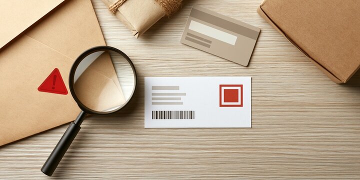 Magnifying glass inspecting suspicious mail envelope