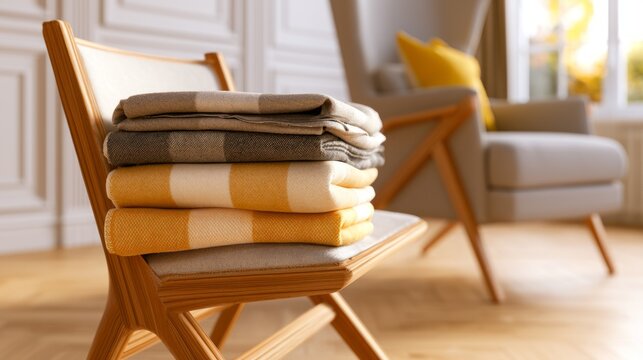 Cozy Cashmere Textiles Stacked on Chair in Bright Room with Modern Decor and Natural Light