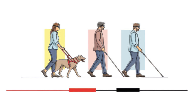Visually impaired people with guide dog and canes